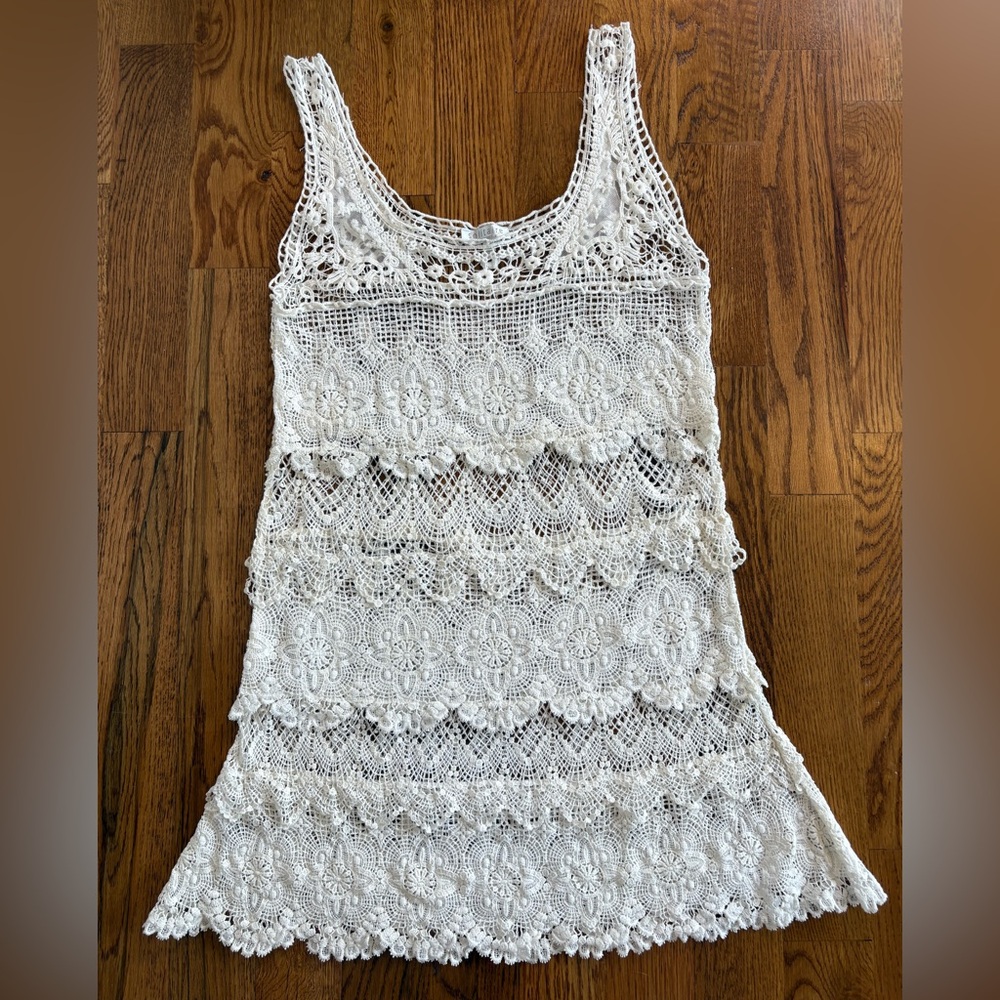 Solitaire Dress Swim Cover Up Womens Ivory Crocheted Lacey Fairy Coquette Fem L